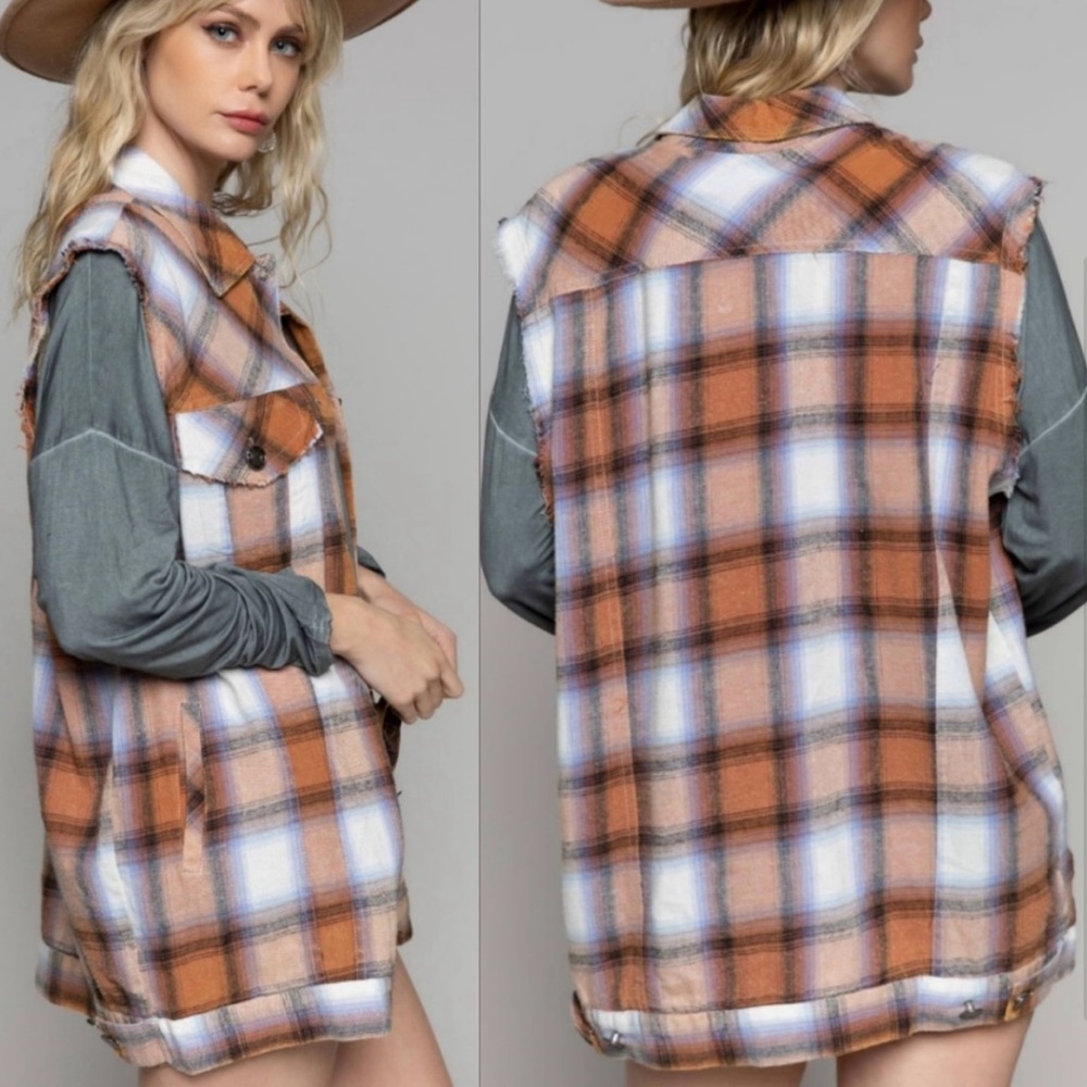 🔥 POL Distressed Plaid Button-Down Vest – Rust Orange 🔥 📫Fast Shipping - Picture 1 of 4